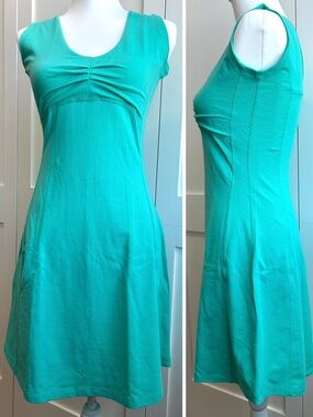 Mountain Hardware NWOT Stretchy Cotton Turquoise Ruched Summer Dress Size XS-TP